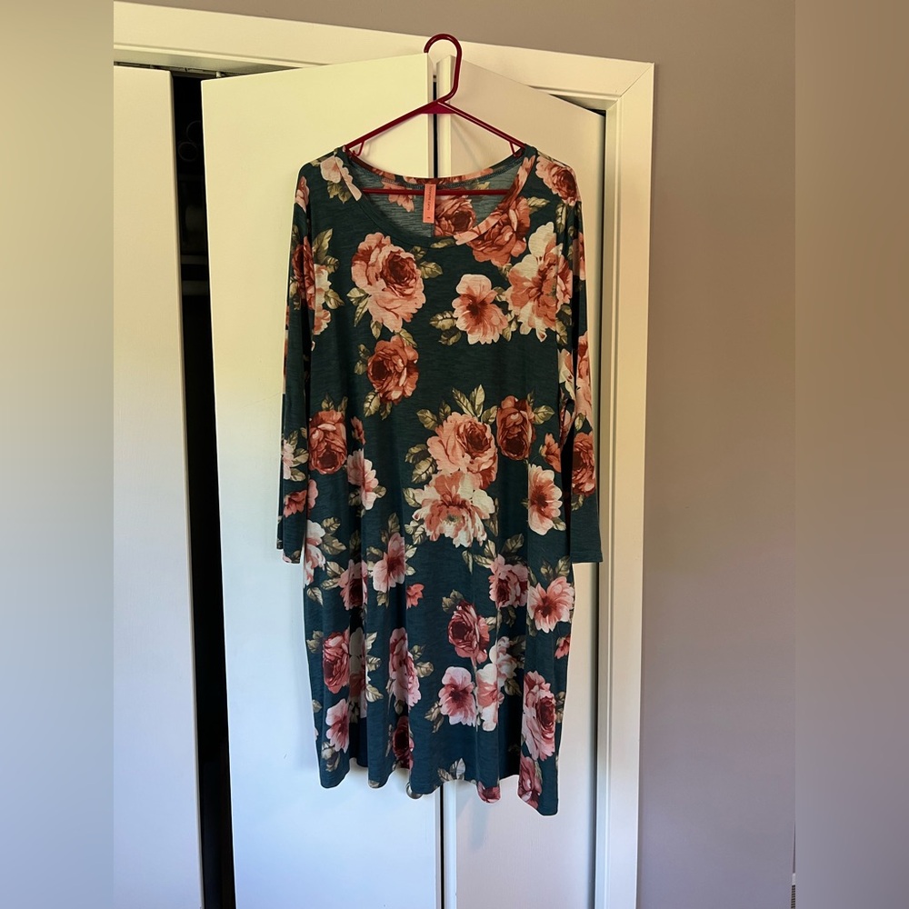 Honeyme Curvy Teal Swing Dress with Pink Rose Print